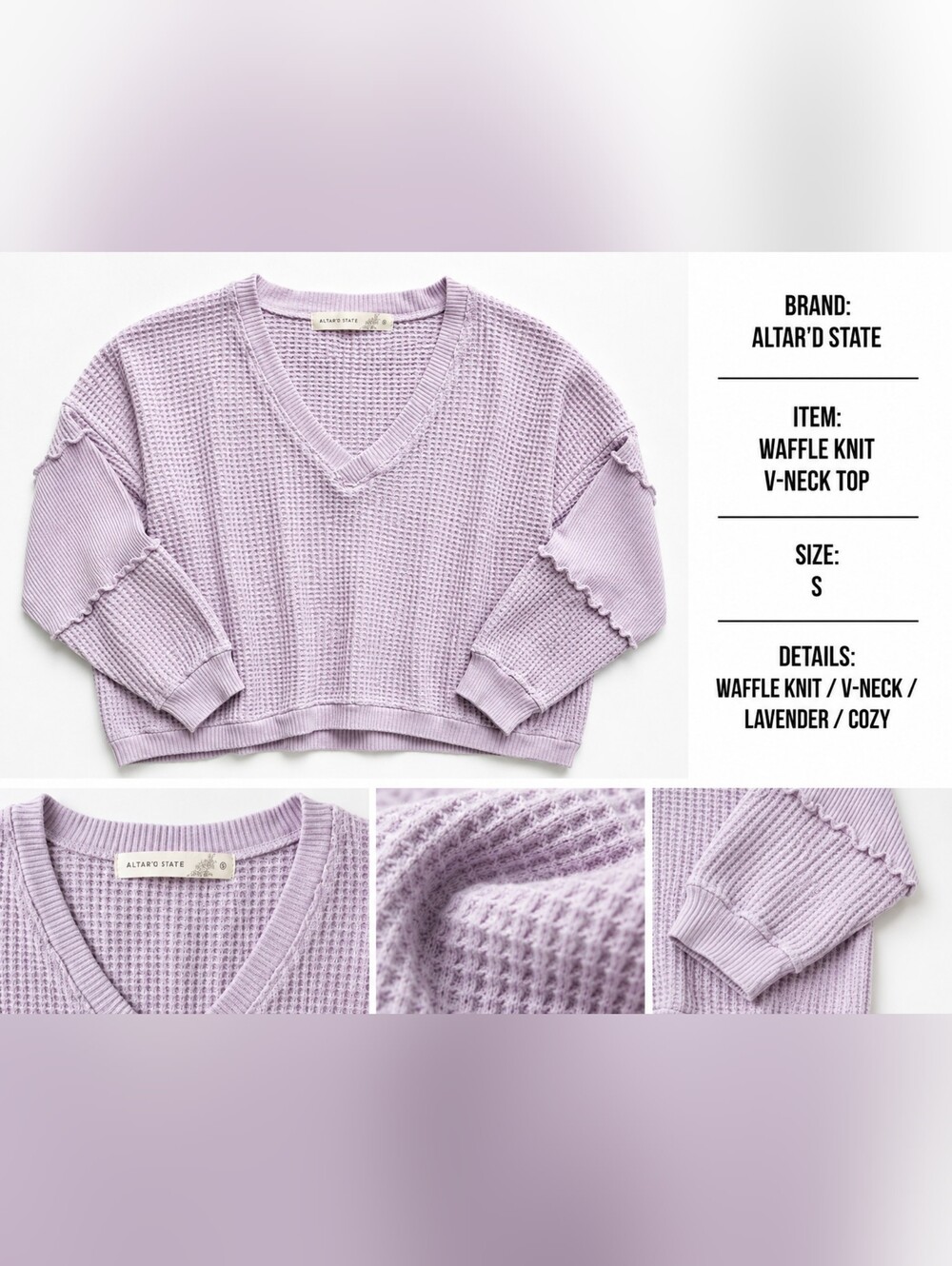 Altar'd State Lavender Waffle Knit V-Neck Sweater Sz S